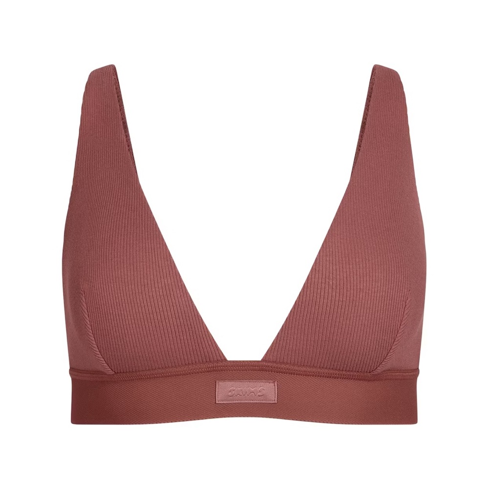 SKIMS Cotton Ribbed Plunge Bralette In Redwood- LARGE